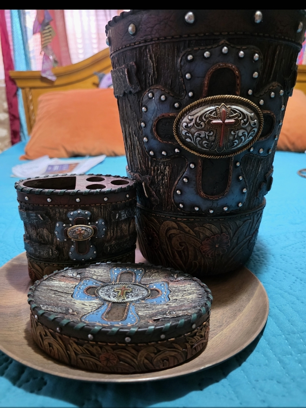 Decorative Cross Accent Brown & Blue Wood-Style Home Set